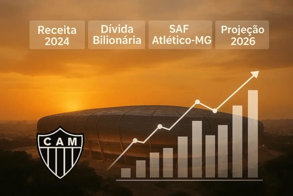 Análise financeira do Atlético Mineiro com gráficos econômicos, documento contábil e elementos visuais que representam dívidas, receitas e situação econômica do clube.