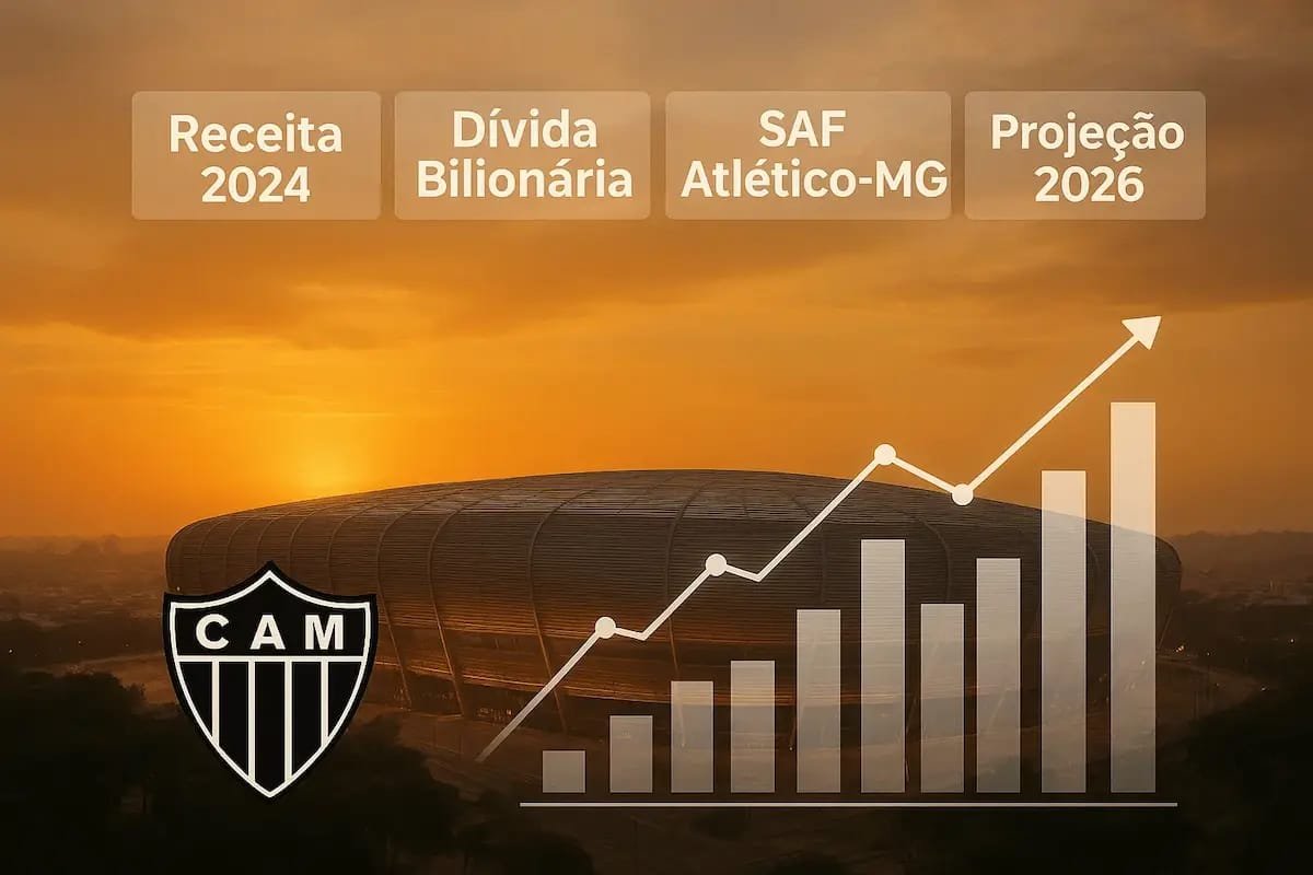 Análise financeira do Atlético Mineiro com gráficos econômicos, documento contábil e elementos visuais que representam dívidas, receitas e situação econômica do clube.