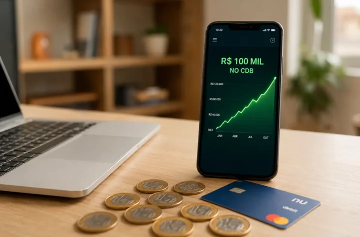 Fotografia de celular mostrando gráfico de rendimento sobre quanto rende 100 mil no cdb comparado à poupança