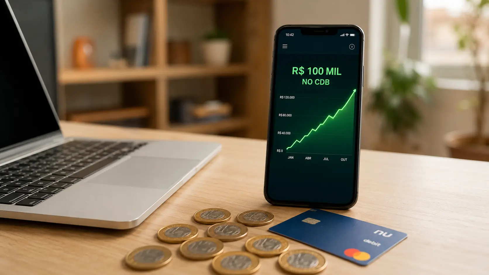 Fotografia de celular mostrando gráfico de rendimento sobre quanto rende 100 mil no cdb comparado à poupança