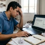 Pessoa trabalhando em um notebook organizando finanças pessoais com planilhas e relatórios sobre a mesa