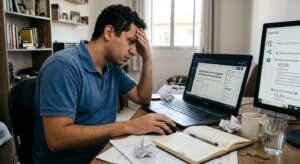 Pessoa trabalhando em um notebook organizando finanças pessoais com planilhas e relatórios sobre a mesa