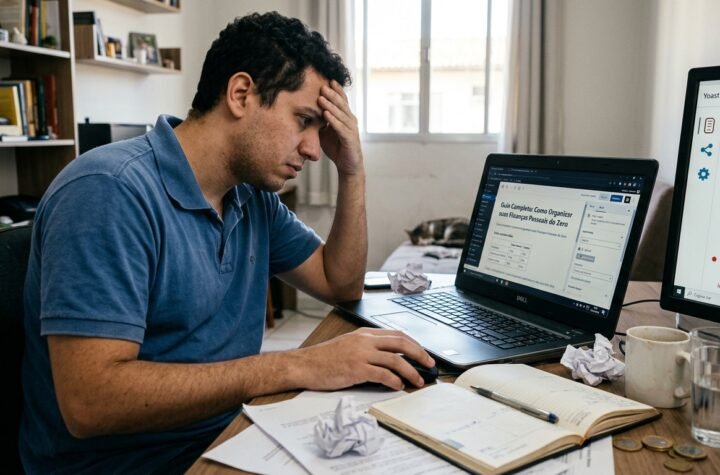Pessoa trabalhando em um notebook organizando finanças pessoais com planilhas e relatórios sobre a mesa