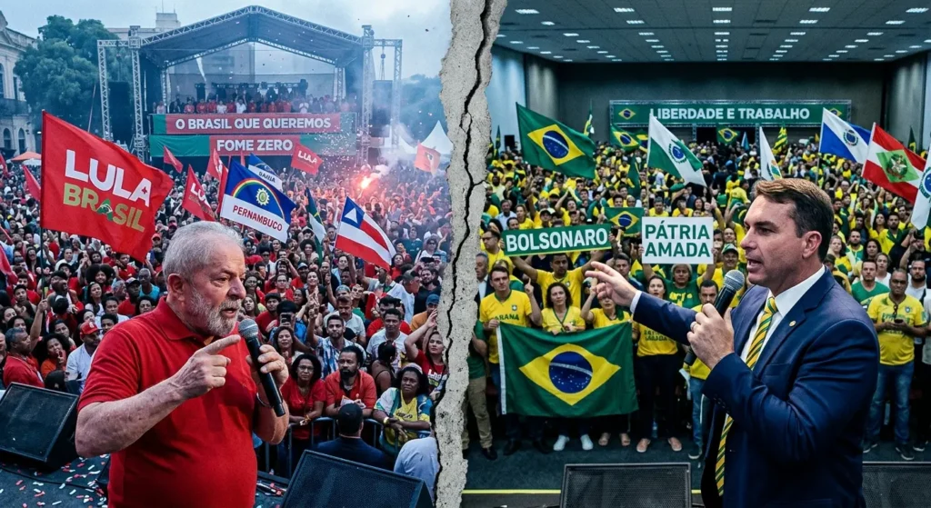 Composição fotográfica mostrando o presidente Luiz Inácio Lula da Silva discursando de um lado e o senador Flávio Bolsonaro discursando do outro