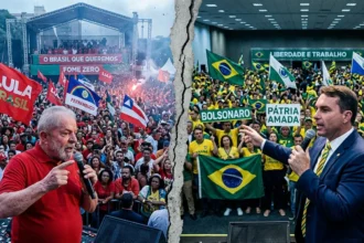 Composição fotográfica mostrando o presidente Luiz Inácio Lula da Silva discursando de um lado e o senador Flávio Bolsonaro discursando do outro