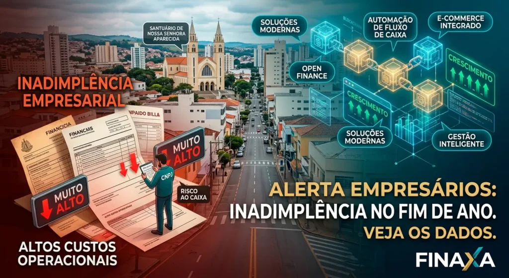 Infográfico visual em estilo Web3 e futurista sobre inadimplência empresarial e gestão financeira no comércio de Divinópolis MG