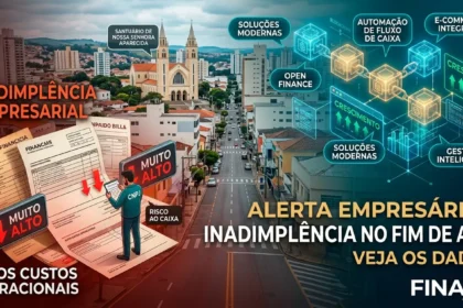 Infográfico visual em estilo Web3 e futurista sobre inadimplência empresarial e gestão financeira no comércio de Divinópolis MG